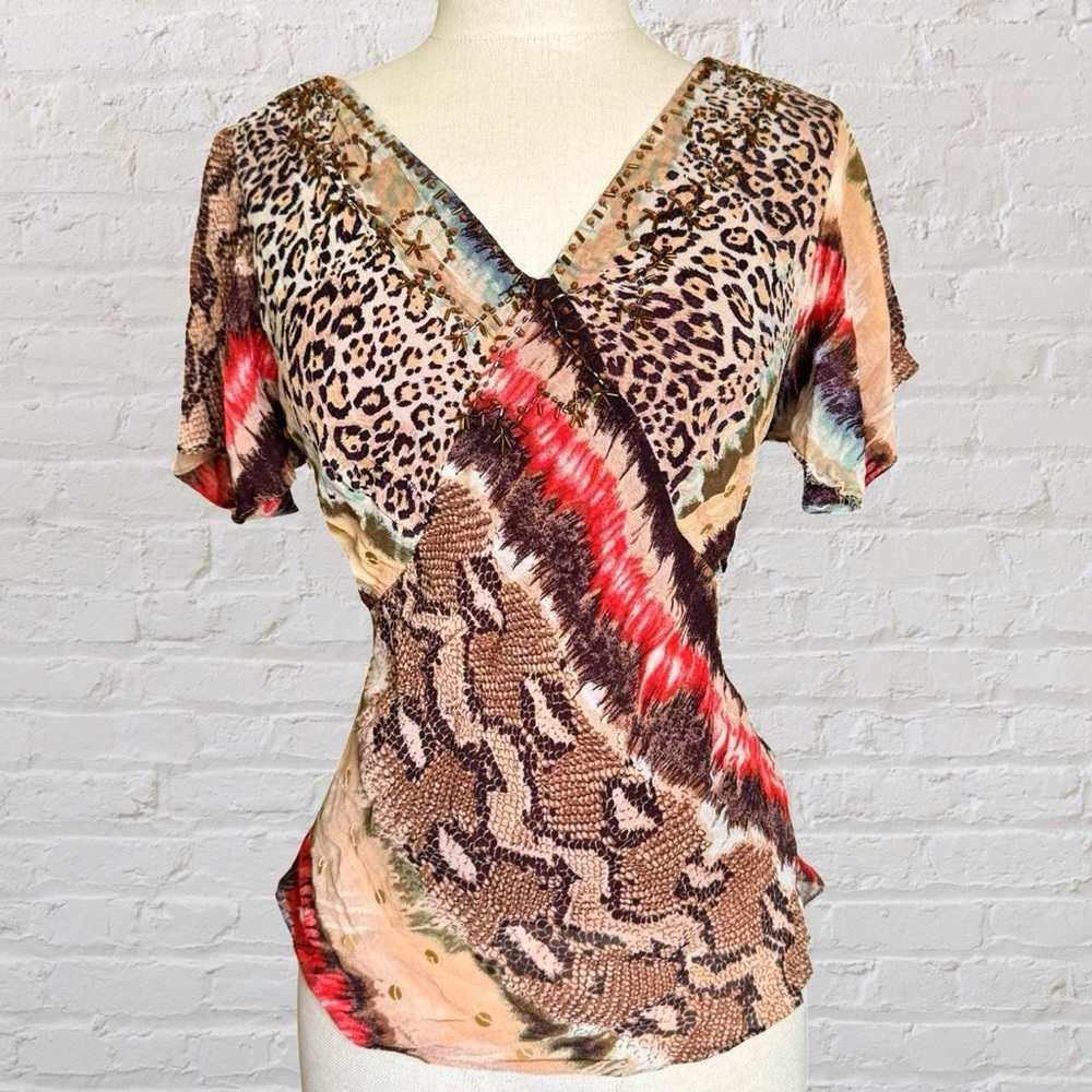 Animal print short-sleeve top with beads and sequins in a petite from Lola P